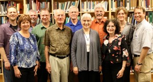 MB Historical Commission, June 2013. Back (l-r) J Janzen, Kevin Enns-Rempel, Richard Thiessen, Don Isaac, Jon Isaak, Julia Reimer, Conrad Stoesz; front, Valerie Rempel, Abe Dueck, Dora Dueck, Peggy Goertzen.