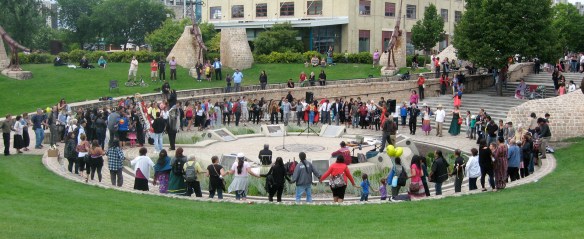 A circle dance by participants at Winnipeg's "Honour the Apology" event, July 25, 2013